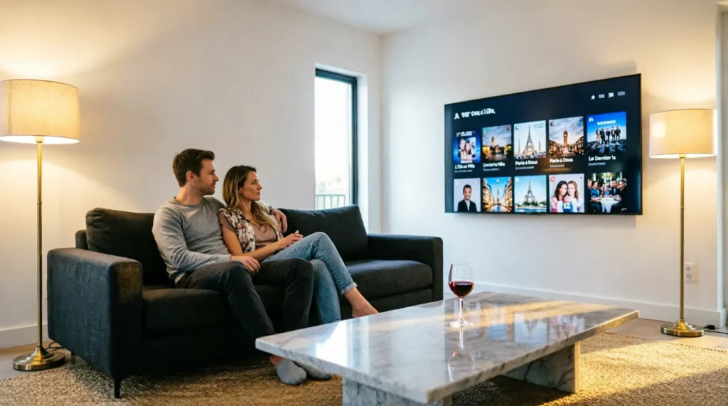 Couple français regardant le meilleur abonnement IPTV sur grand écran OLED dans un salon moderne en 2026
