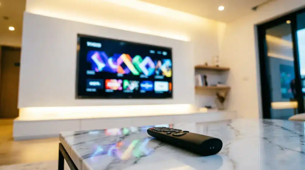 Service IPTV OTT sur Smart TV 4K dans un salon moderne — guide complet 2026