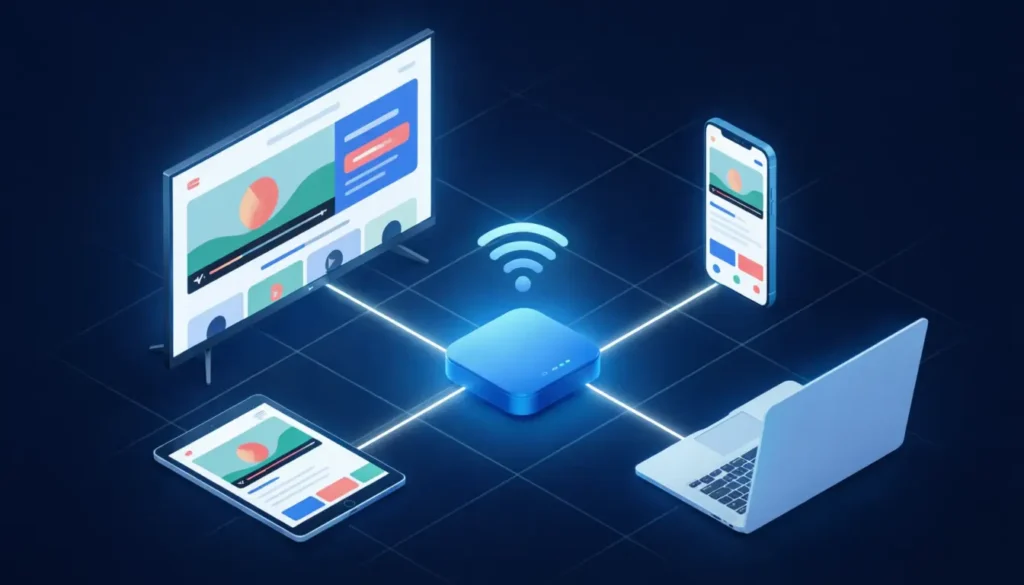 Schéma illustrant comment un fournisseur IPTV diffuse du contenu via Internet sur plusieurs appareils