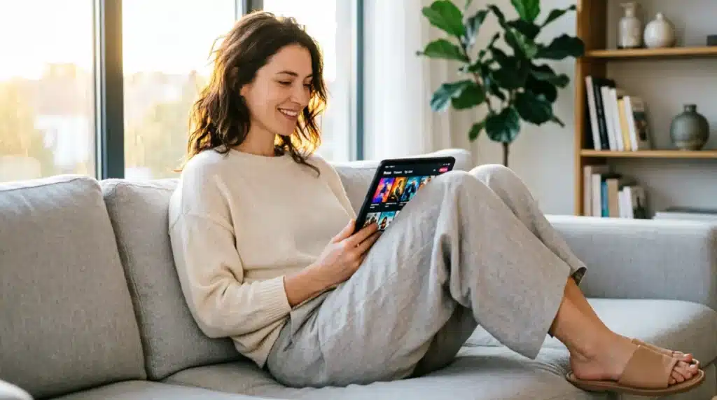 Utilisatrice satisfaite du service IPTV DRAGON IPTV regardant du contenu sur sa tablette à la maison