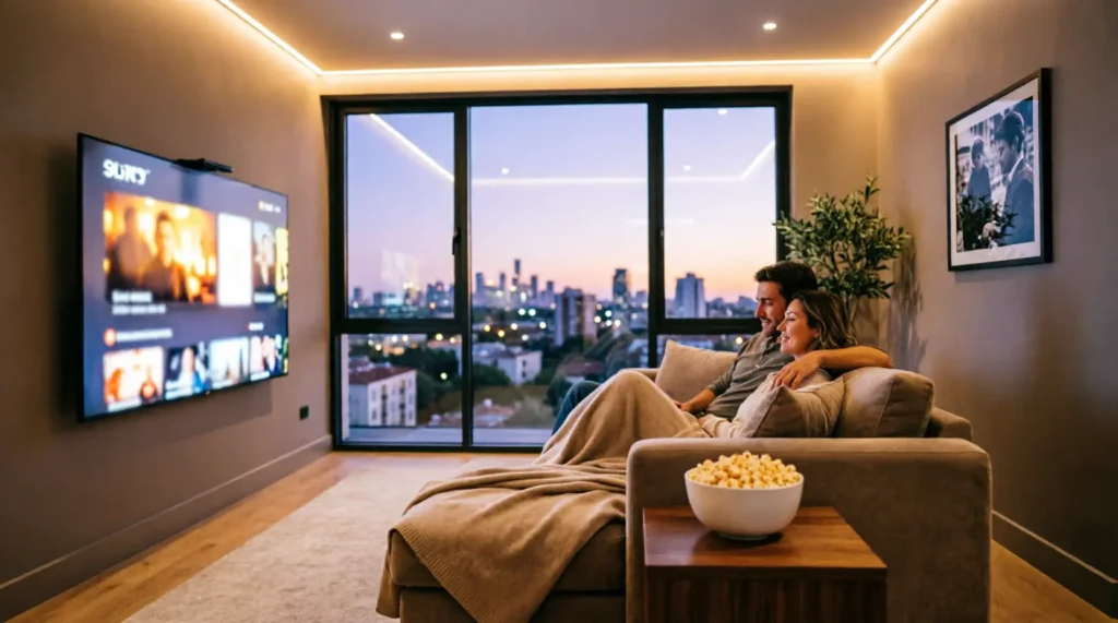 Couple profitant d'un abonnement IPTV premium en France dans leur salon avec grand écran 4K