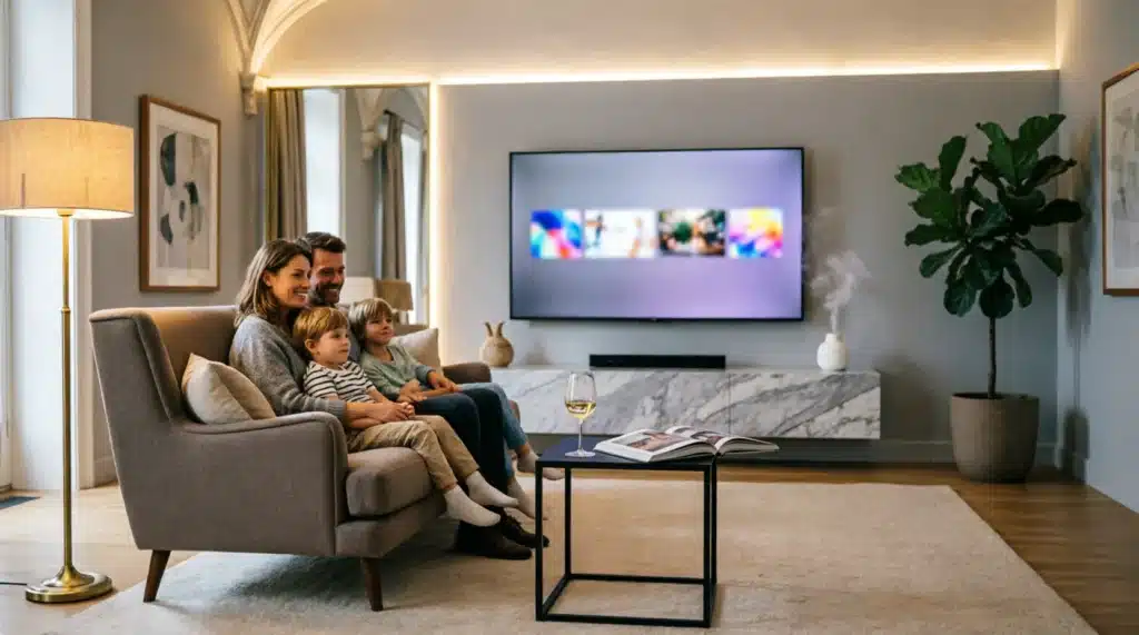 Famille française regardant IPTV 4K sur smart TV dans un salon moderne en 2026