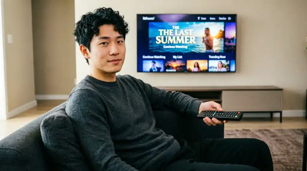 Homme regardant un service IPTV premium en 4K sur Smart TV dans son salon