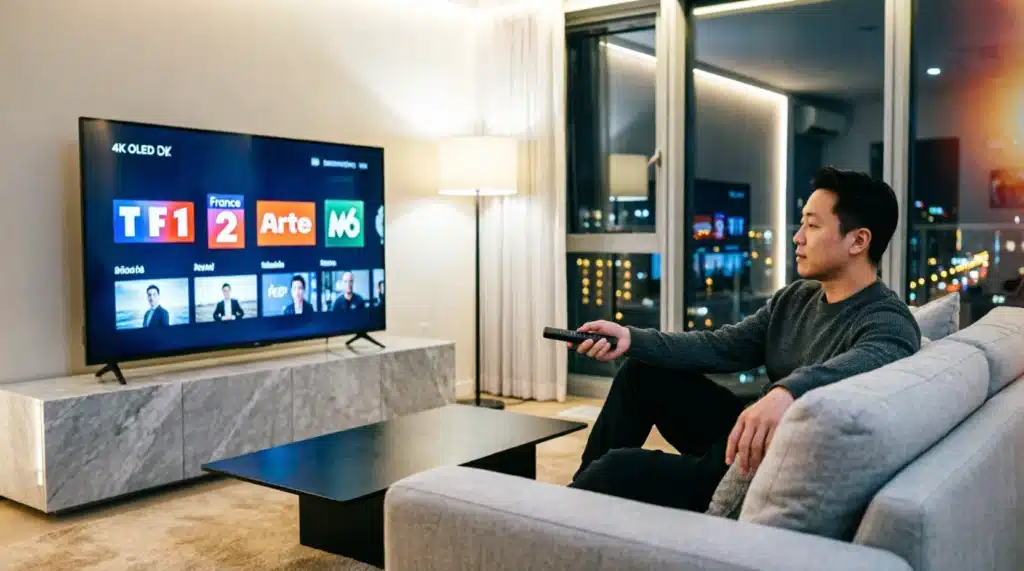 Meilleur abonnement IPTV France 2026 - homme regardant la télévision en 4K dans un salon moderne