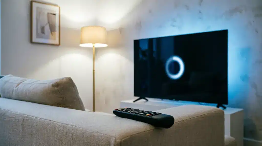 IPTV Smarters Pro ne fonctionne pas — écran de TV avec erreur de chargement dans un salon moderne