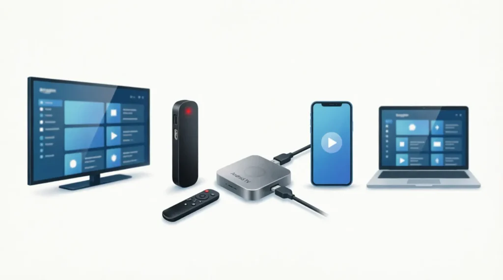 Aperçu des appareils sur lesquels utiliser votre service après avoir acheté IPTV : Smart TV, Fire TV Stick, box Android, smartphone et laptop