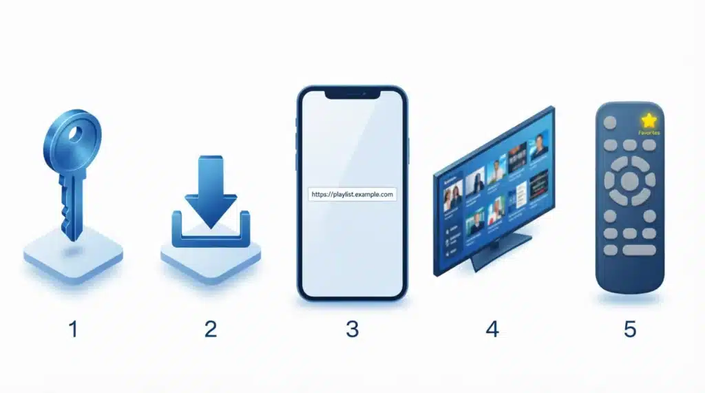 Illustration étape par étape de la configuration après avoir acheté IPTV : identifiants, installation app, liste de chaînes et EPG