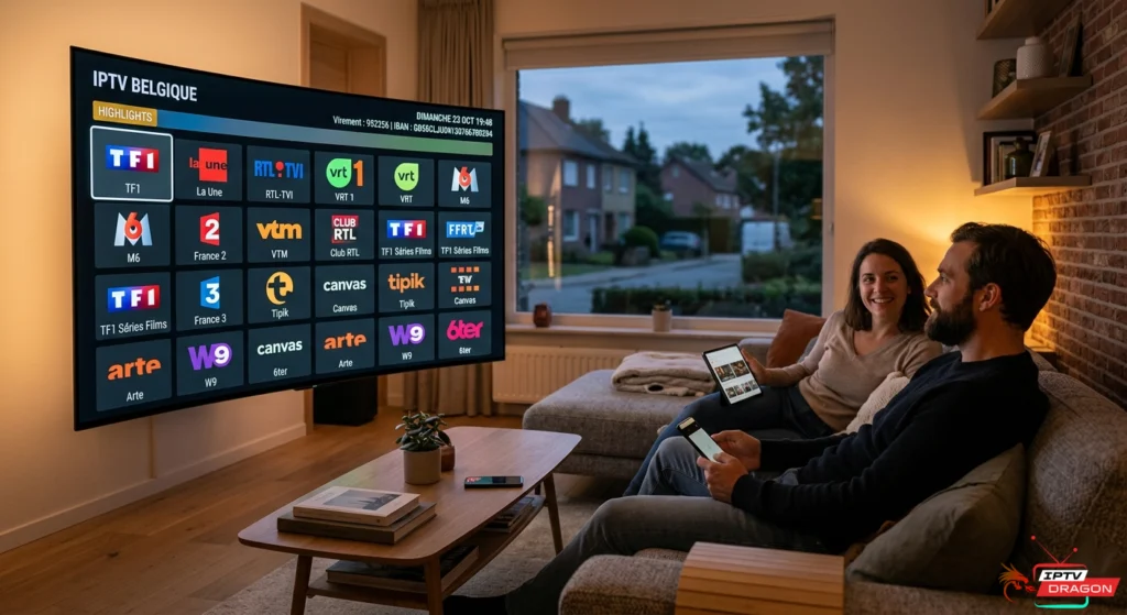 Salon belge moderne avec smart TV affichant une interface IPTV et grille de chaînes en haute définition