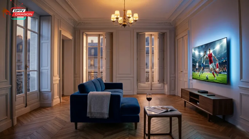 IPTV Smart TV 4K sans coupure en France 2026 : appartement parisien haussmannien avec grand téléviseur OLED et streaming haute définition