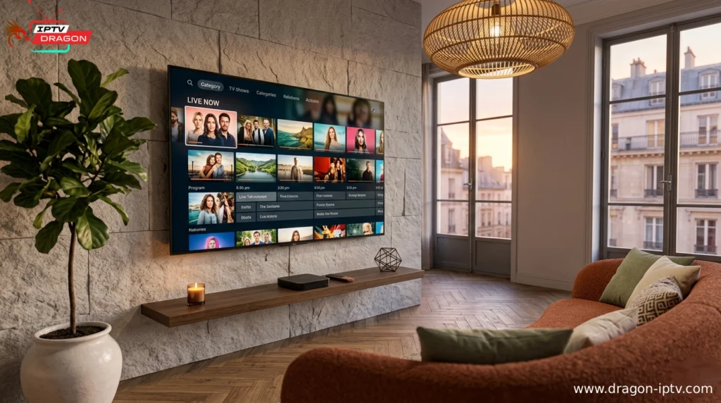 IPTV en Smart TV en France 2026 : salon contemporain style français avec téléviseur 4K connecté et boîtier streaming