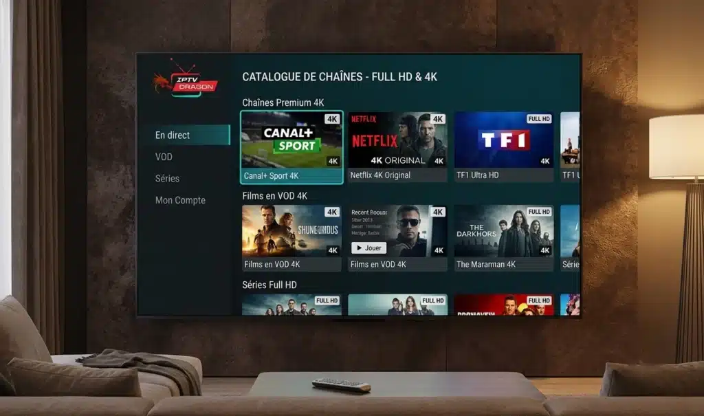 nterface Dragon IPTV sur Smart TV montrant le catalogue de chaînes en Full HD et 4K avec lecteur intégré