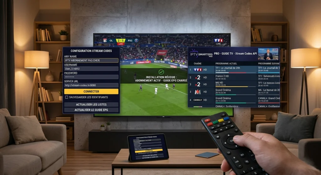 Installation d'un iptv abonnement pas cher sur une Smart TV avec guide EPG visible, configuration Xtream Codes sur écran