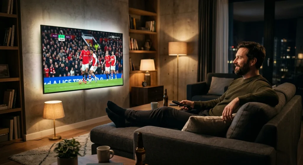 Homme regardant un service IPTV gratuit sur smart TV dans un salon moderne
