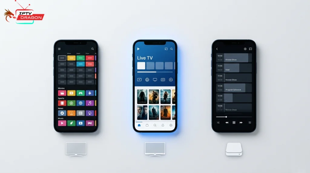 Comparaison applications IPTV sur Smart TV 2026 en France : trois interfaces différentes sur smartphone pour Samsung, LG et Android TV
