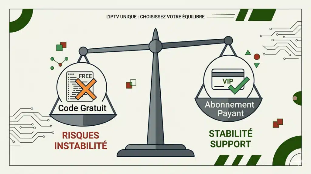 code pour iptv gratuit vs abonnement payant comparaison stabilité risques avantages 2026