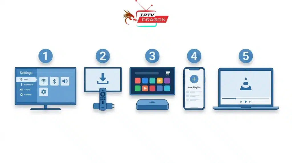 Guide visuel illustrant comment installer un code IPTV gratuit sur 5 appareils différents : Smart TV, Fire TV Stick, Android, iPhone et Windows