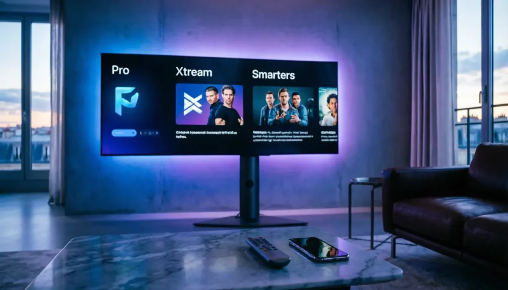 Comparatif visuel des meilleures interfaces de lecteurs IPTV dont la version IPTV Smart Player Pro sur un écran haute définition.