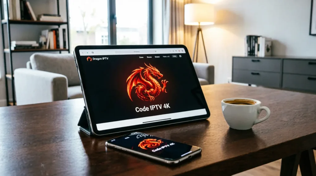 Site internet officiel de Dragon IPTV affichant les offres d'abonnements premium 4K sur une tablette et un smartphone.