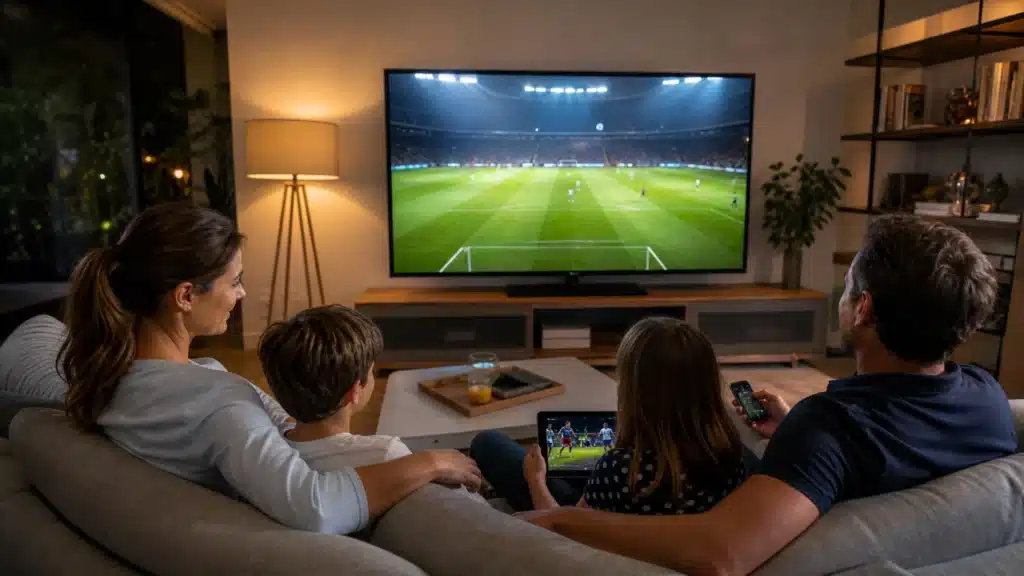 Famille française regardant un abonnement IPTV 12 mois sur Smart TV 4K 
en qualité Full HD dans un salon moderne