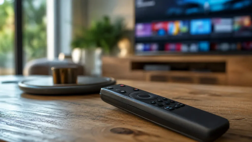 Abonnement smart IPTV activé sur Samsung Smart TV avec télécommande au premier plan, abonnement iptv samsung smart tv configuré