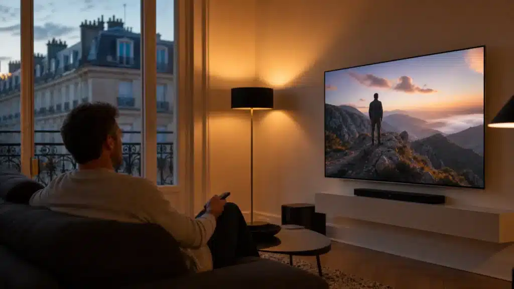Abonnement smart IPTV sur grand écran OLED dans un salon moderne français, meilleur abonnement iptv en 2026