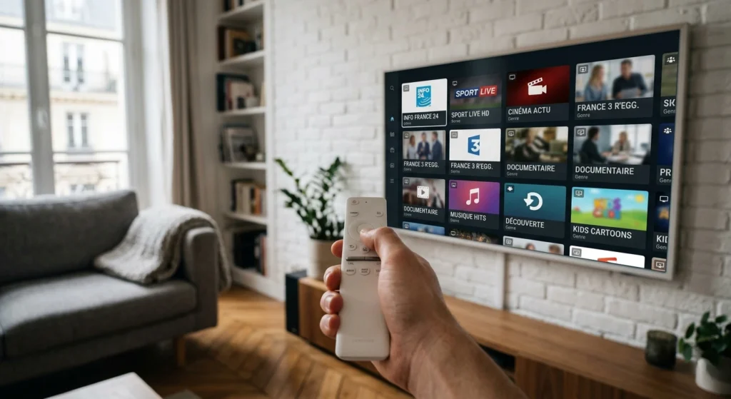 Application IPTV gratuite sur Smart TV avec interface de lecture de chaînes en direct.