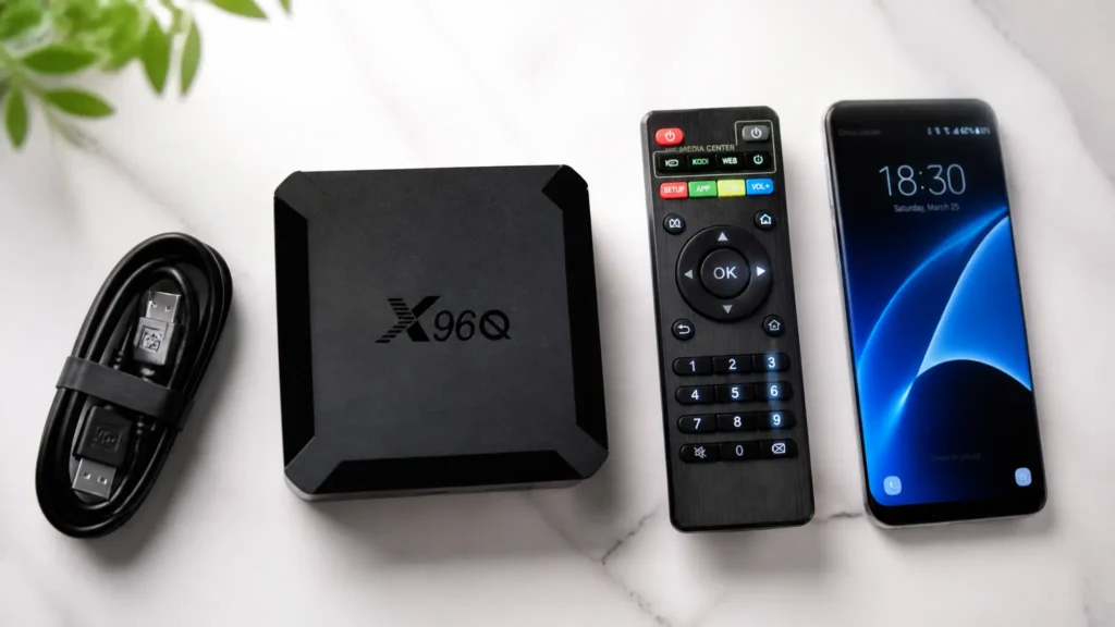 Code pour IPTV gratuit configuré sur boîtier x96q Android TV avec télécommande et câble HDMI