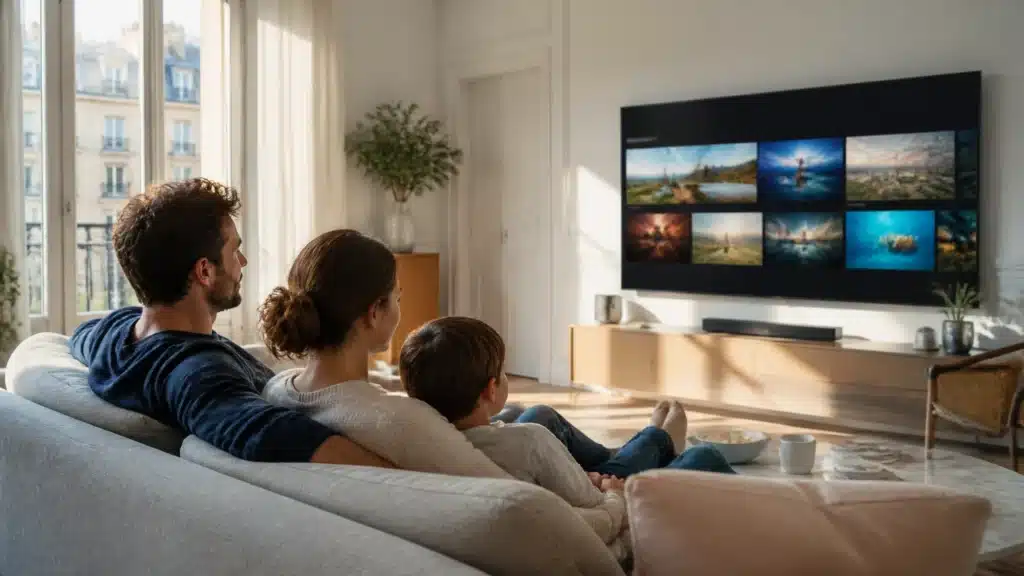 Code gratuit IPTV 2026 affiché sur un smart TV dans un salon familial moderne avec streaming 4K.