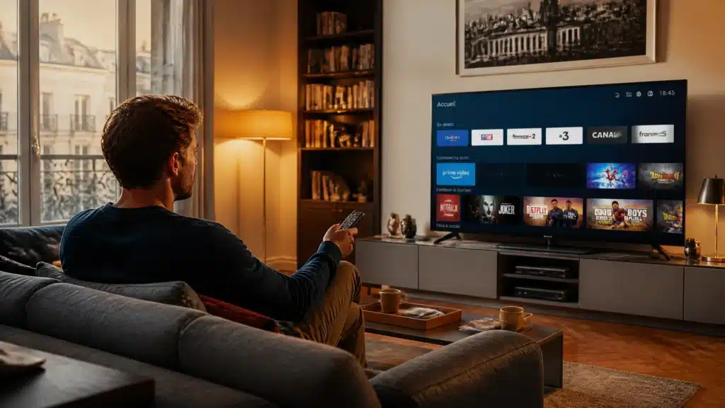 Code pour IPTV gratuit activé sur Smart TV dans un salon moderne en France avec streaming 4K