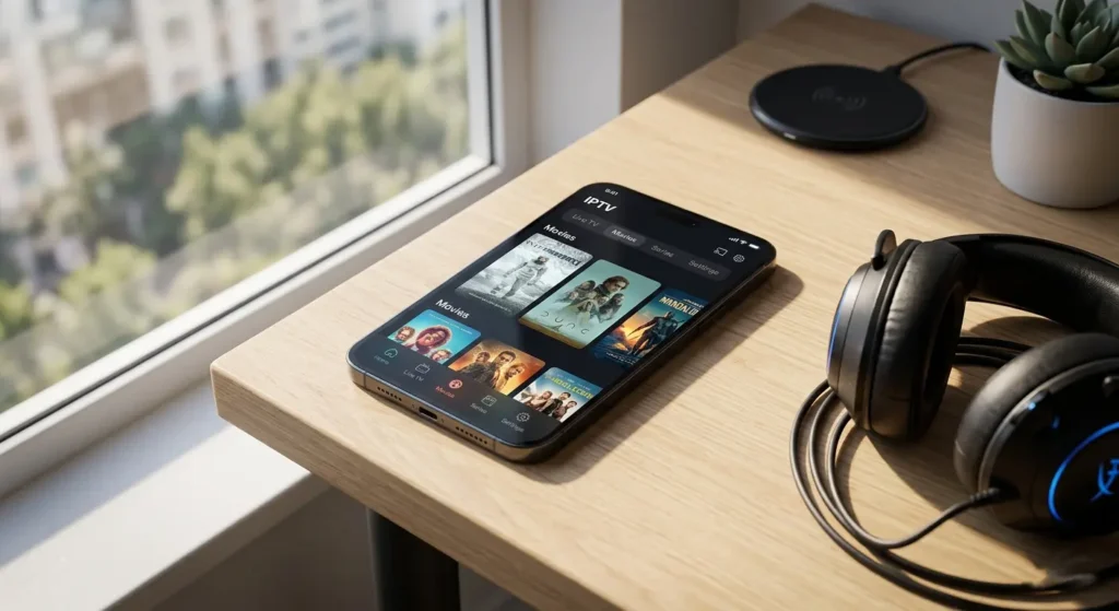 Un code IPTV premium affiché sur un smartphone pour naviguer dans une liste de lecture avec un abonnement IPTV M3U pas cher.