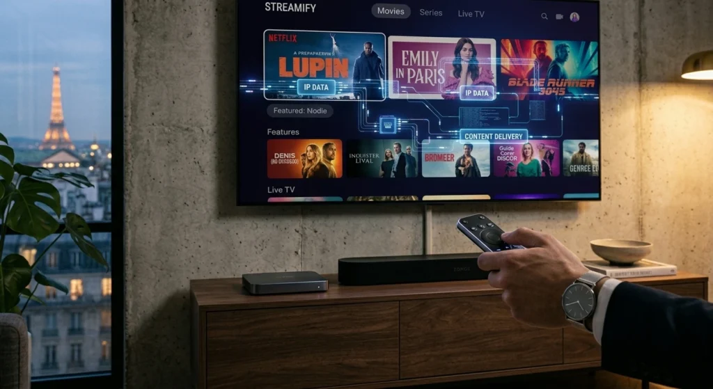 Gros plan sur une main tenant une télécommande intelligente face à une Smart TV connectée affichant des données techniques IPTV.