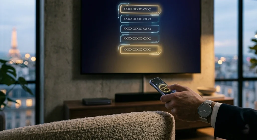 Gros plan sur un écran de Smart TV et une télécommande avec un bouton d'activation de code IPTV.