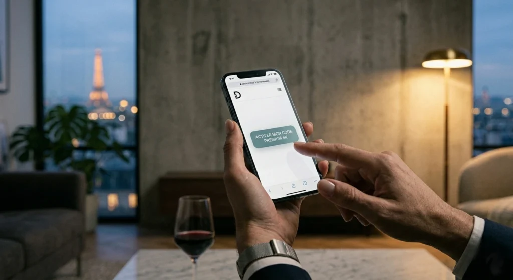 Une main s'apprête à cliquer sur le bouton d'activation premium 4K sur un smartphone, avec un salon moderne en arrière-plan.
