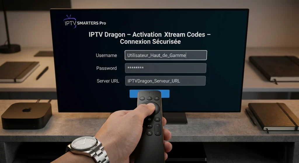 Écran de configuration Xtream Codes sur l'application IPTV Smarters Pro avec les champs d'activation saisis.
