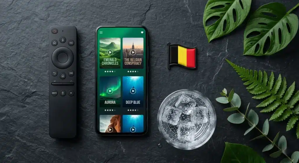 Télécommande Smart TV et smartphone avec interface IPTV belge en vue flat-lay sur fond ardoise sombre