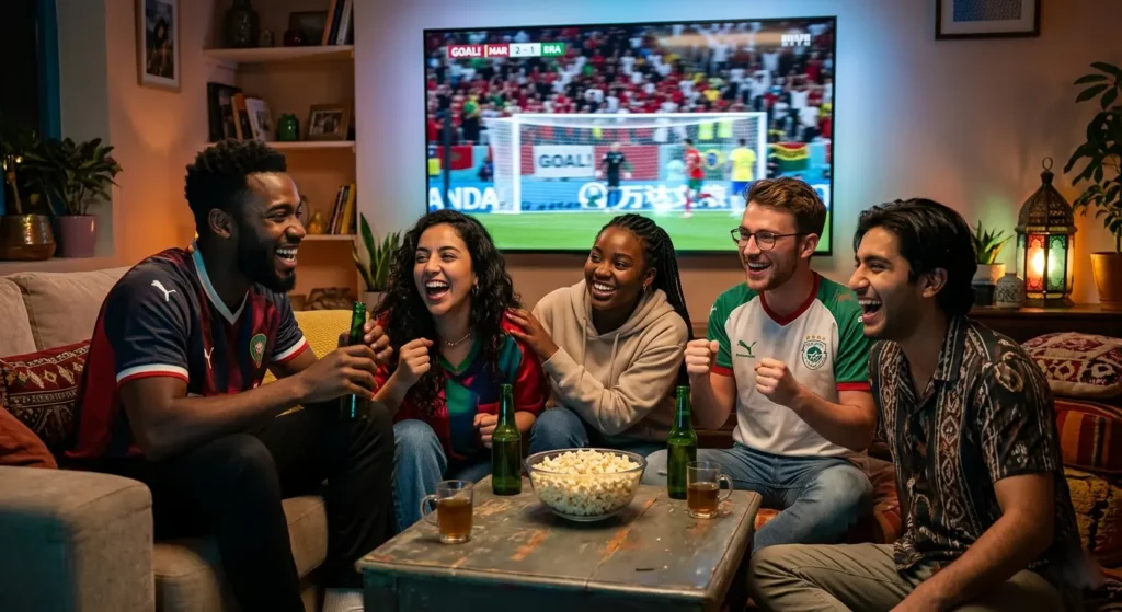 Des amis profitant d'un match de sport en direct grâce aux codes IPTV 2026 et aux meilleures listes IPTV du marché.