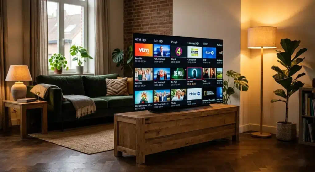 Programme TV Belgique affiché sur un Smart TV 4K dans un salon belge moderne et chaleureux
