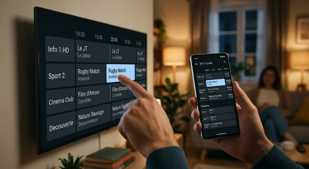 Programme TV IPTV gratuit affiché sur Smart TV avec guide électronique des programmes.