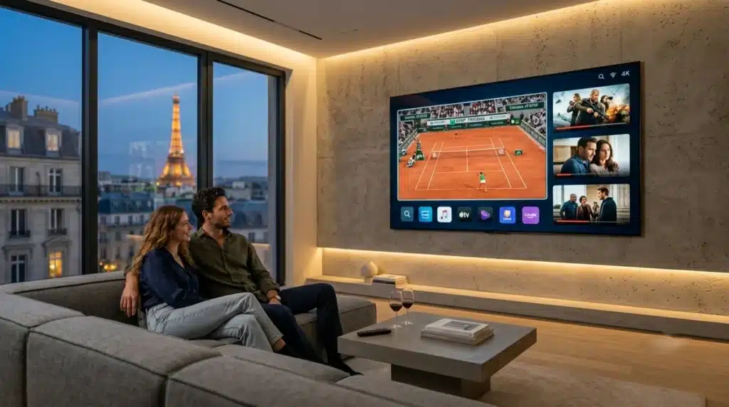abonne iptv profitant d'un grand écran Smart TV diffusant du contenu sportif et cinéma haute résolution dans un salon élégant.