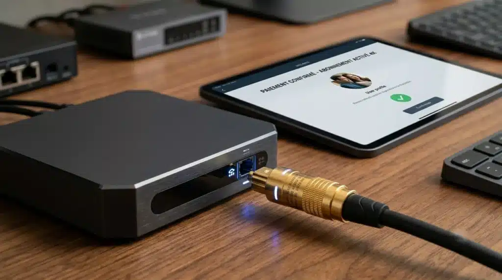 abonne iptv sécurisant sa connexion physique via un câble fibre optique haute performance pour un iptv abonnement fiable.
