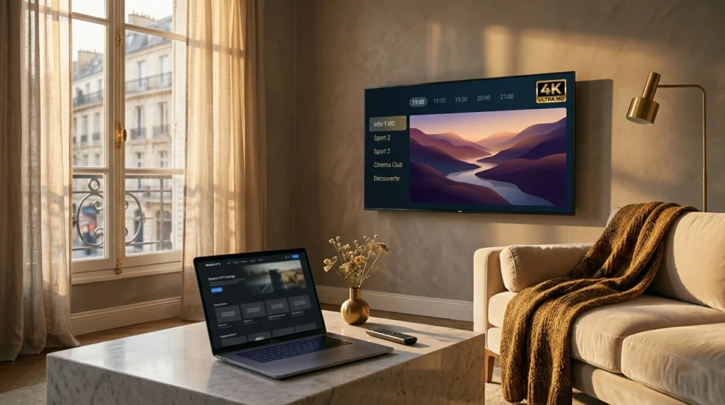 Ambiance cosy avec abonnement IPTV 4K de DRAGON IPTV affiché sur Smart TV dans un salon français.
