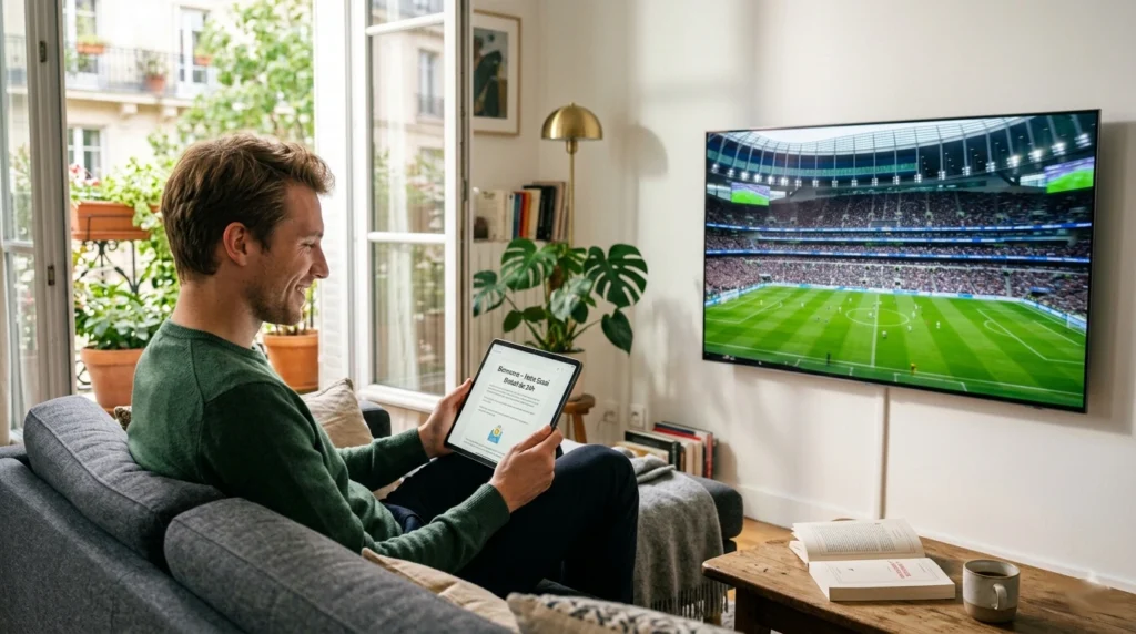 Utilisateur satisfait profitant d’un essai gratuit IPTV 4K sur Smart TV dans un salon moderne.