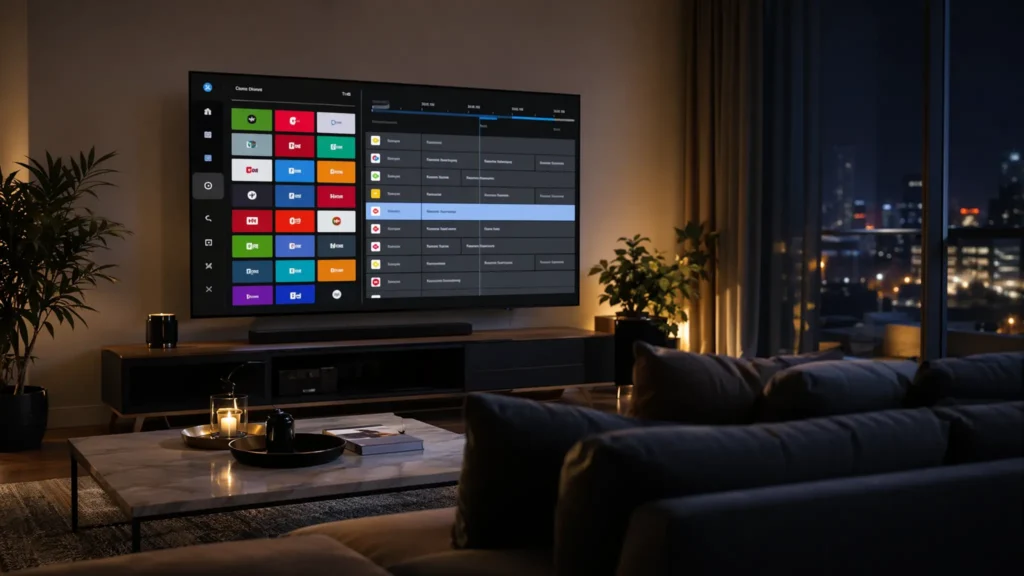 Meilleure app IPTV en 2026 — interface EPG sur Smart TV 4K dans un salon moderne