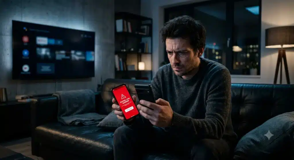 Code Extreme IPTV expiré erreur écran rouge homme frustré smartphone 2026, code iptv gratuit Telegram qui ne fonctionne plus